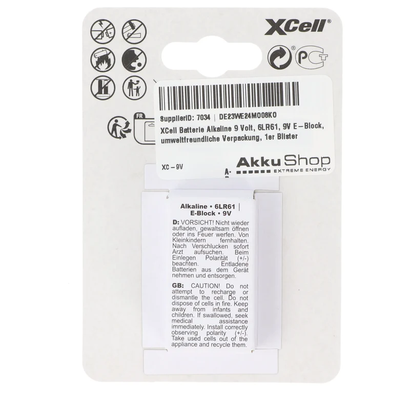 XCell Batterie Alkaline 9 Volt, 6LR61, 9V E-Block, umweltfreundliche Verpackung, 1er Blister