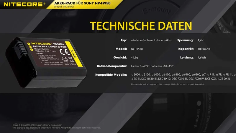 Nitecore NP-FW50 Kamera Akku NC-BP001 NP-FW50 ideal passend für viele Sony Kamera-Modelle 7,4V 1030mAh