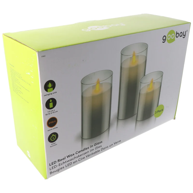 Goobay 3er-Set LED-Echtwachs-Kerzen im Glas - Wunderschöne und sichere Lichtlösung für viele Bereiche wie Haus und Loggia, Büros oder Schulen