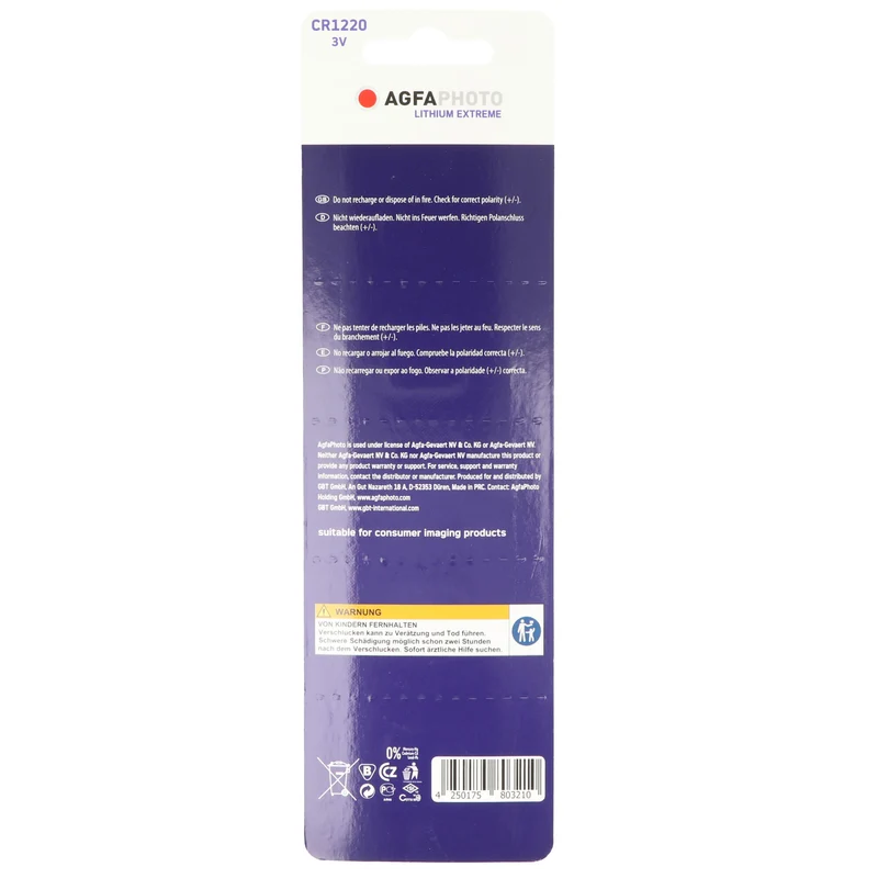 Agfaphoto Batterie Lithium, Knopfzelle, CR1220, 3V Extreme, Retail Blister (5-Pack)