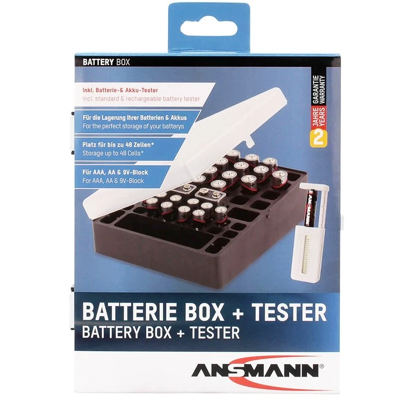 Ansmann Akku und Batterien Aufbewahrungs-Box für bis zu 24x AA, 16x AAA, 4x 9V, inklusive Tester