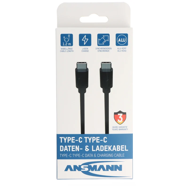 Ansmann USB Typ-C auf Typ-C Daten- und Ladekabel, 120cm