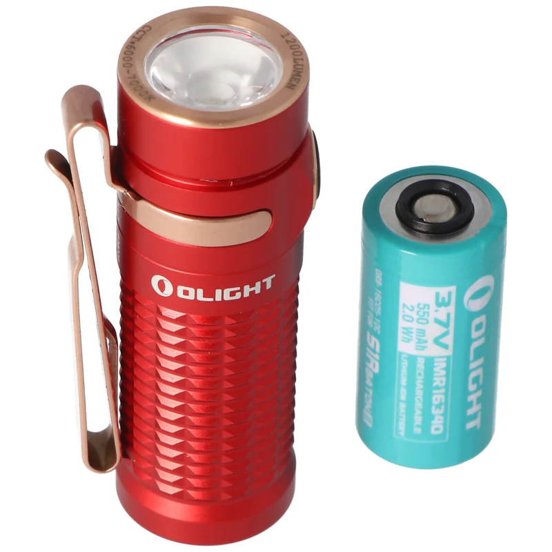 Olight Baton 3 LED-Taschenlampe, 1200 Lumen, wiederaufladbar, rutschfestes Texturdesign, inklusive IMR16340 3,7V 550mAh Akku und Ladekabel, rot