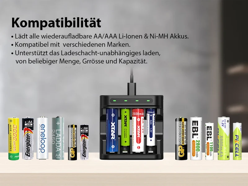 Xtar L4 – Intelligentes Ladegerät für Li-Ionen 1,5V NIMH und 1,2V Akkus AA/AAA