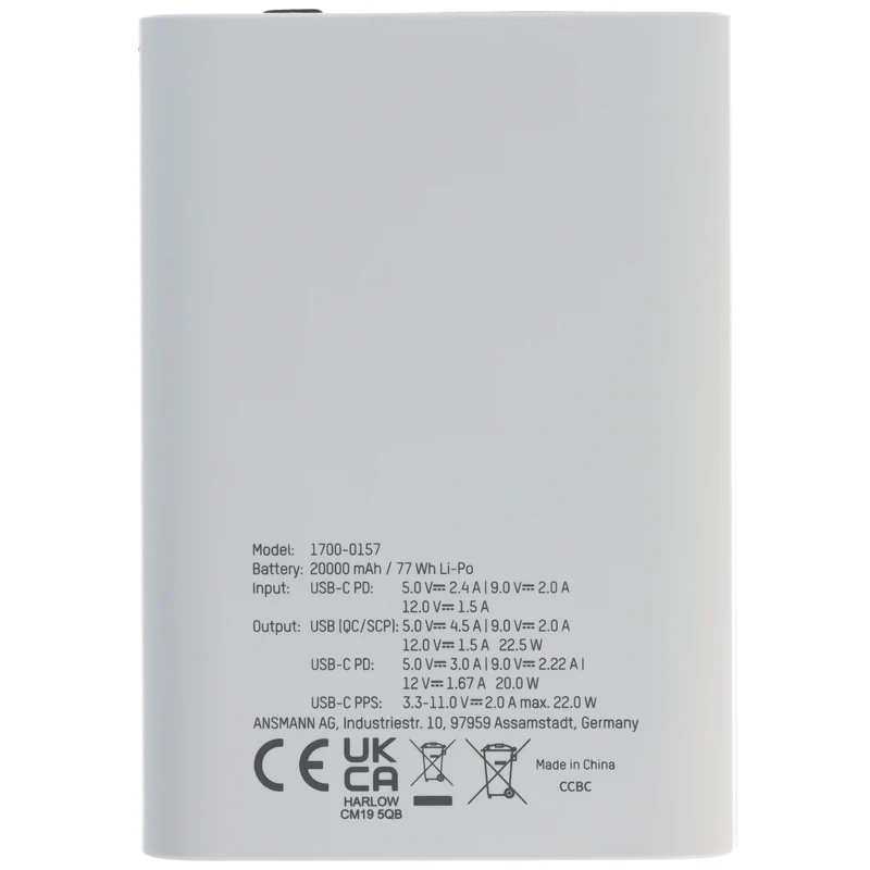 Ansmann Powerbank PB222PD 20.000mAh, schnellladefähig, ultrakompakt und leicht, weiß