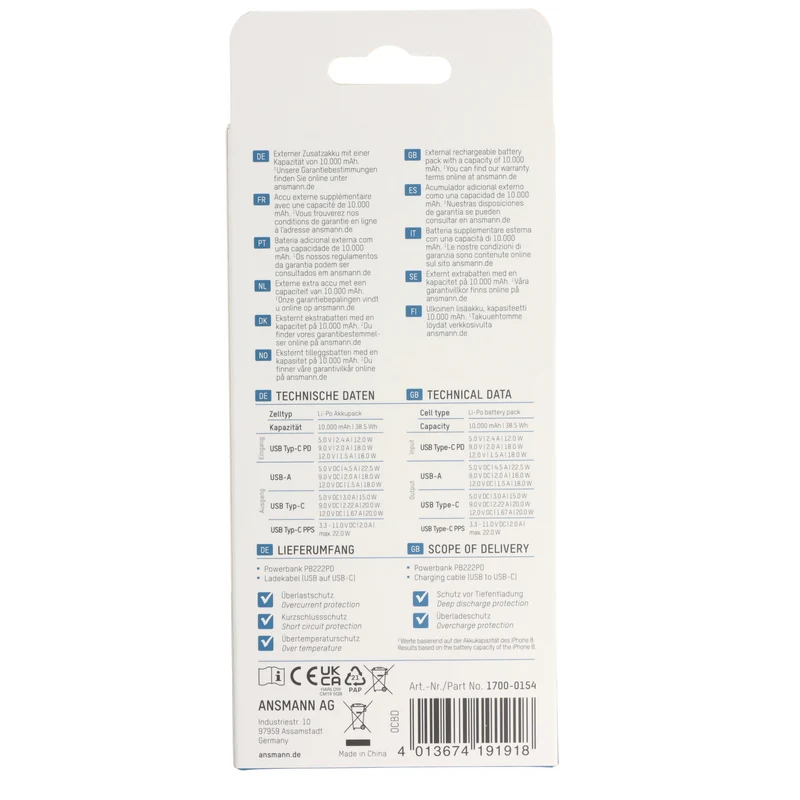 Ansmann Powerbank PB222PD 10.000mAh, schnellladefähig, ultrakompakt und leicht