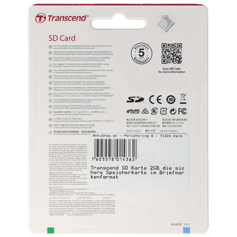 Transcend SD Karte 2GB Speicherkarte im Briefmarkenformat