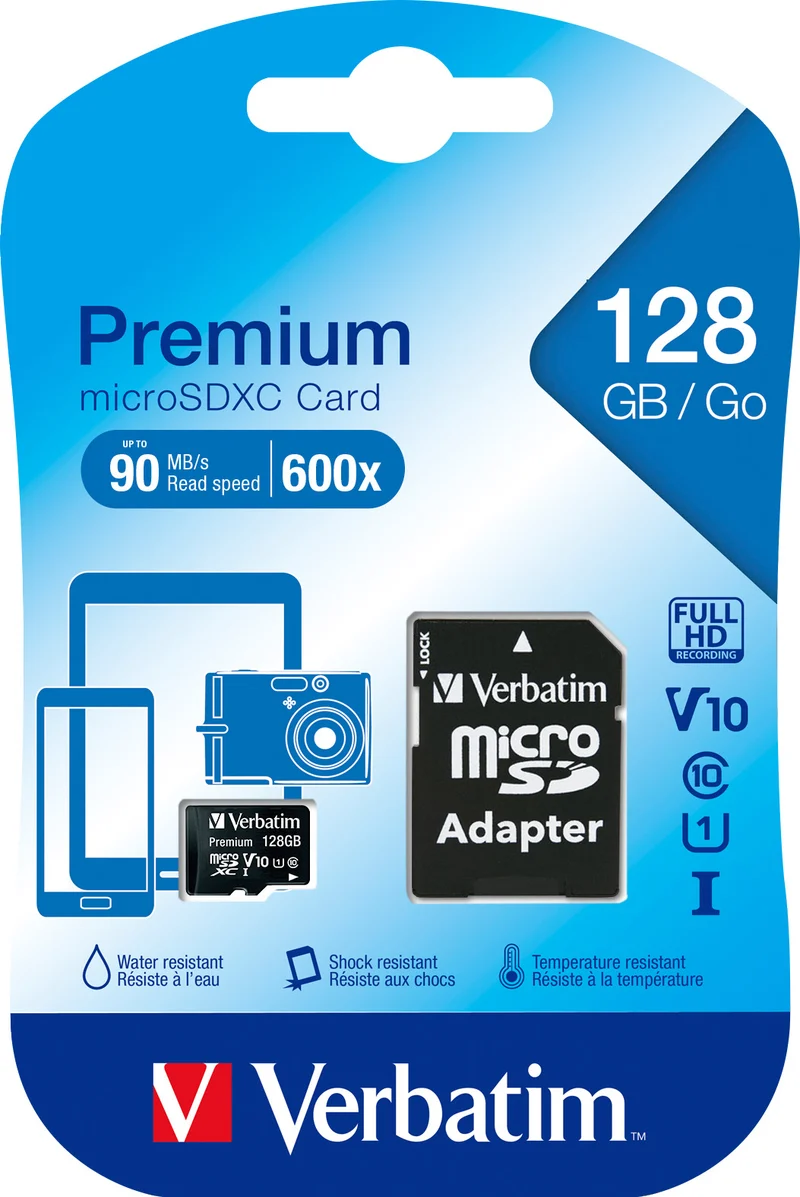 Verbatim microSDXC Card 128GB Premium Class 10 U1 (R) 90MB/s (W) 10MB/s SD Adapter