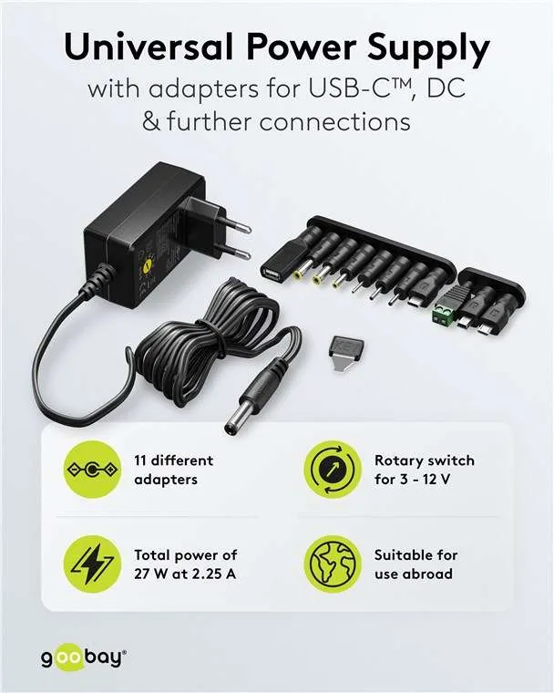 Goobay Universal-Netzteil (3 V - 12 V, max. 27 W / 2,25 A) - inkl. 11 Adapter: 7 DC-Adapter plus USB-C™, USB-A, USB Mini-B, Micro-USB und Schraubklemmenanschluss