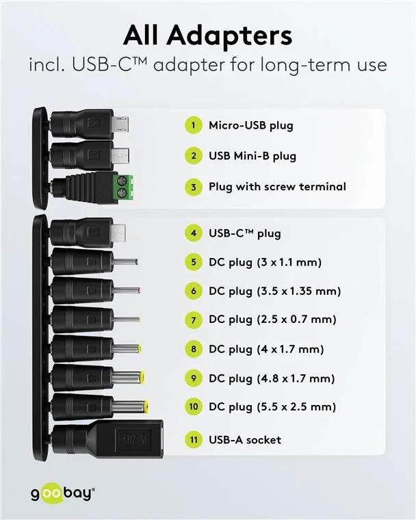 Goobay Universal-Netzteil (3 V - 12 V, max. 27 W / 2,25 A) - inkl. 11 Adapter: 7 DC-Adapter plus USB-C™, USB-A, USB Mini-B, Micro-USB und Schraubklemmenanschluss