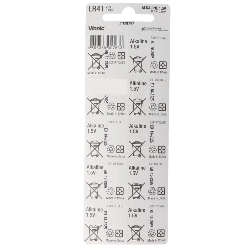 Vinnic 10 Stück Alkaline Batterie AG3, LR41 Alkaline Batterie L736F, AG3, L736 F, G3, G3A, SR41
