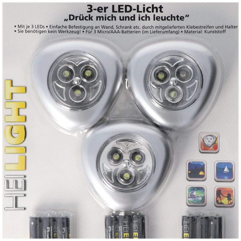 Heitech LED-Licht 3er-Set, Drück mich und ich leuchte, Mini LED-Leuchten, kabellos, inklusive Batterien
