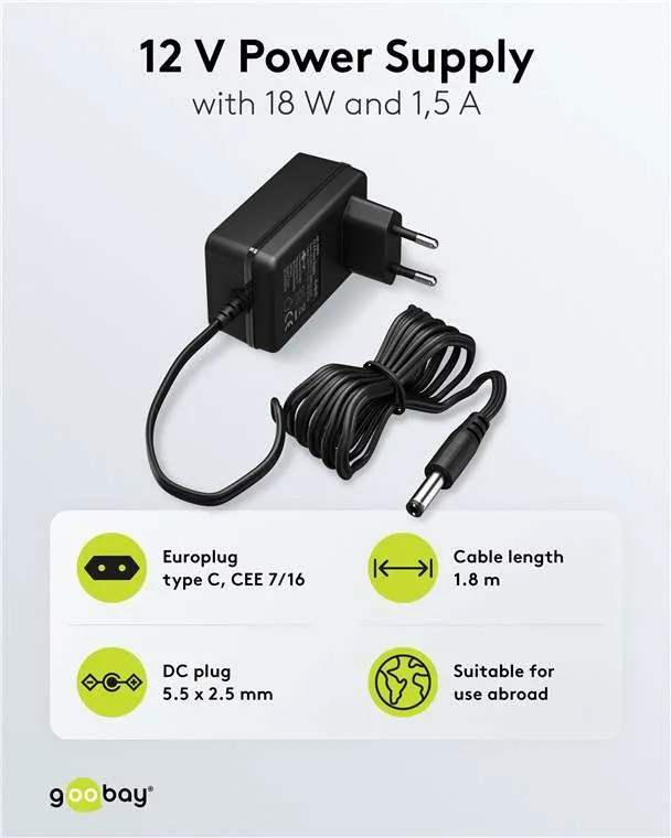 Goobay 12-V-Netzteil (18 W / 1,5 A) - mit DC-Stecker 5,5 mm x 2,5 mm