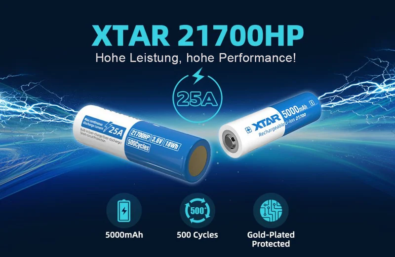 XTAR 21700-HP 25A 5000mAh 3,6V - 3,7V Li-Ion-Akku elektronisch geschützt