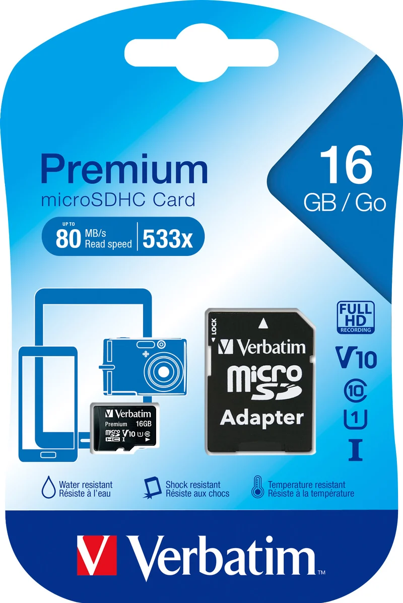 Verbatim microSDHC Card 16GB, Premium, Class 10, U1 (R) 80MB/s, (W) 10MB/s, Retail-Blister
