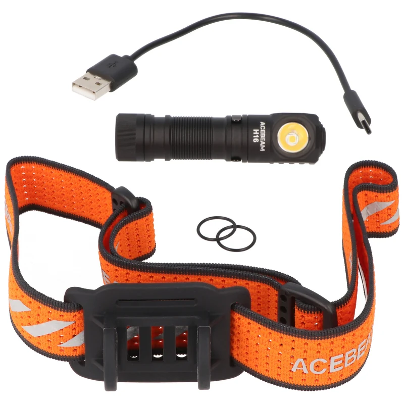 AceBeam H16 LED Stirnlampe mit max. 650 Lumen, 5.000K neutralweiß mit schwarzem Gehäuse, reflektierendes Kopfband, inklusive 14500 Li-Ion Akku