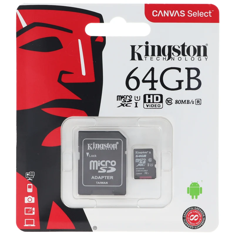 KINGSTON 64 GB Micro SD Karte, Kingston Canvas Select Plus microSD Speicherkarte, optimiert für Android-Geräte, mit SD-Adapter
