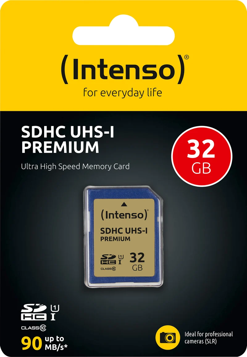 Intenso SDHC-Card 32GB, Premium, Class 10, U1, UHS-I (R) 90MB/s, (W) 10MB/s, Retail-Blister