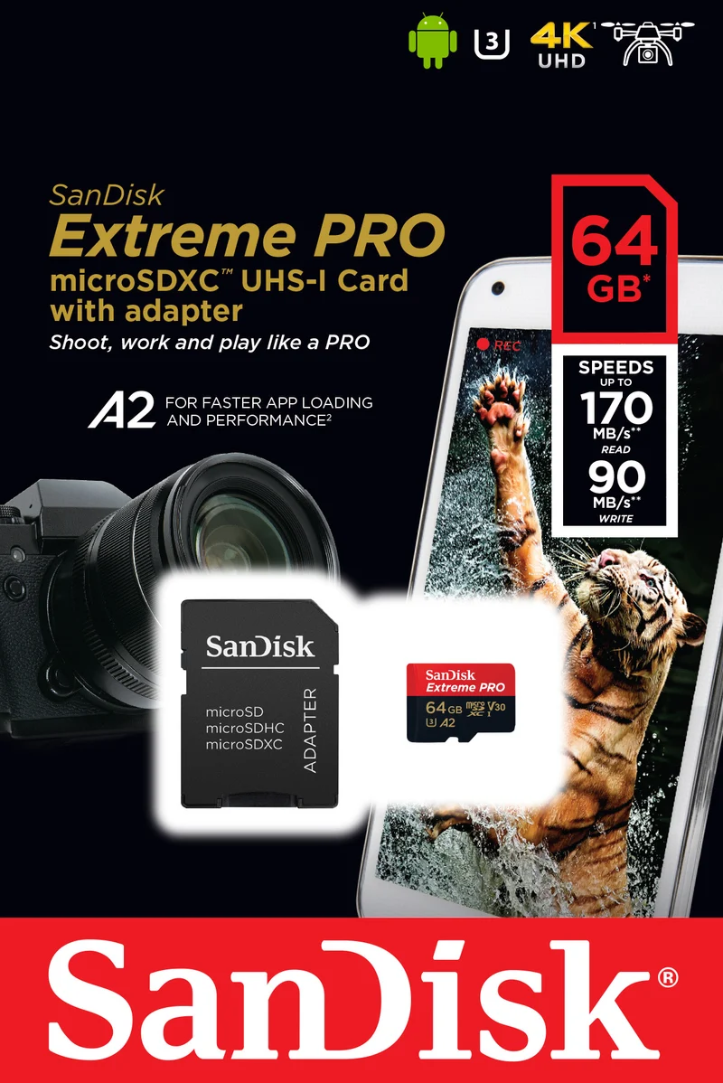 Sandisk microSDXC Card 512GB, Extreme, U3, A2, 4K UHD (R) 160MB/s, (W) 90MB/s, SD Adapter, Retail-Blister