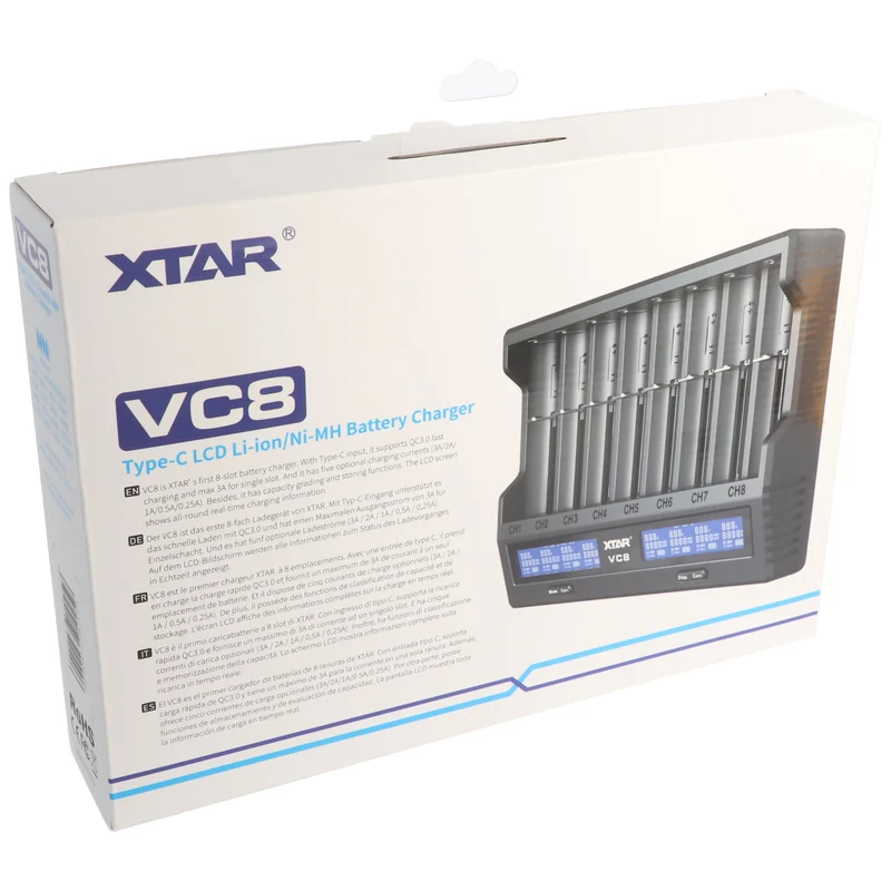 Xtar 8fach Schnell-Ladegerät für 1-8 Li-Ion 3,6 und 3,7V Akku, Ladestrom max. 3A, lädt Akkus max. Länge 75,5 mm
