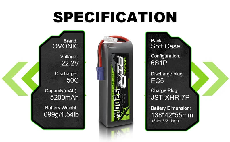 Ovonic Air 6S 5200mAh 50C 22,2V LiPo-Akkupack mit EC5-Stecker (2 Stück)
