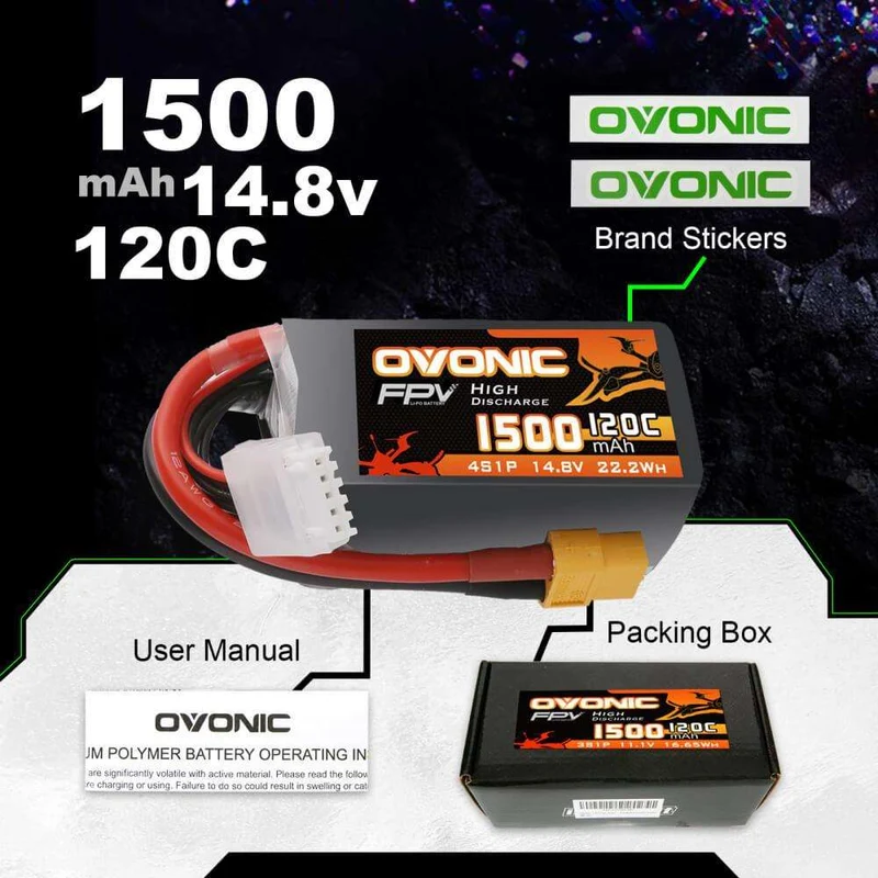 Ovonic FPV 4S 1500mAh 120C 4S1P 14,8V LiPo-Akku mit XT60-Stecker (2 Stück)