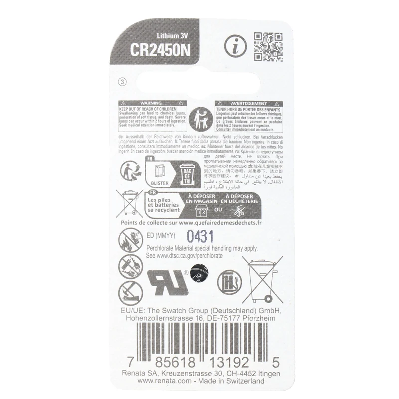 Renata CR2450N Lithium Batterie, Abmessungen 24 x 5mm