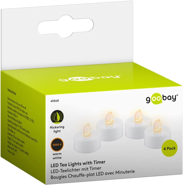 Goobay 4er-Set LED-Teelicht mit Timer - Wunderschöne und sichere Lichtlösung für viele Bereiche wie Haus und Loggia, Büros oder Schulen