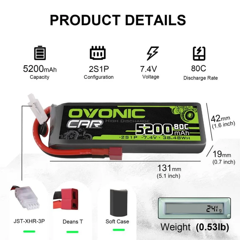 Ovonic 2S LiPo Akku 5200mAh 80C 2S1P 7,4V LiPo-Akku mit Deans-Stecker (2 Stück)