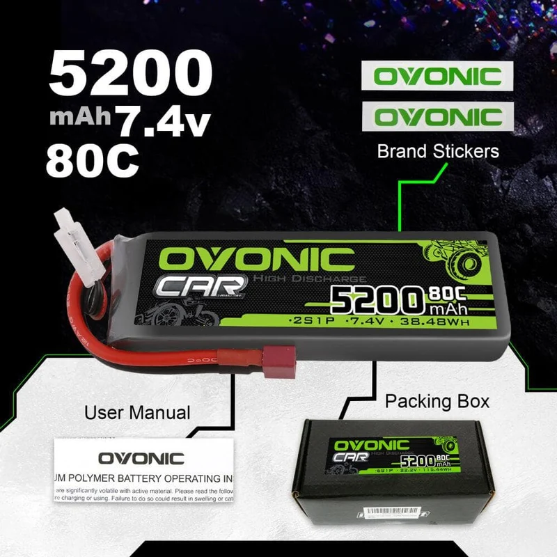 Ovonic 2S LiPo Akku 5200mAh 80C 2S1P 7,4V LiPo-Akku mit Deans-Stecker (2 Stück)