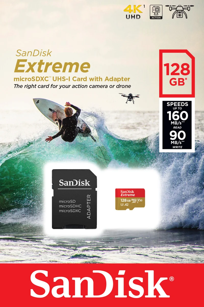 Sandisk microSDXC Card 256GB, Extreme, U3, A2, 4K UHD (R) 160MB/s, (W) 90MB/s, SD Adapter, Retail-Blister