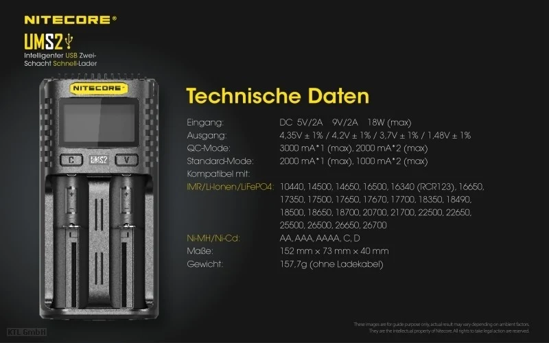 Nitecore UMS2 USB-Schnell-Ladegerät QC 2.0 kompatibel für Li-Ion Akkus