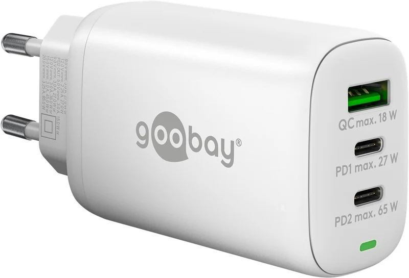 Goobay USB-C™ PD 3-fach Multiport-Schnellladegerät (65 W) weiß - 2x USB-C™-Anschlüsse (Power Delivery) und 1x USB-A-Anschluss (Quick Charge) - weiß