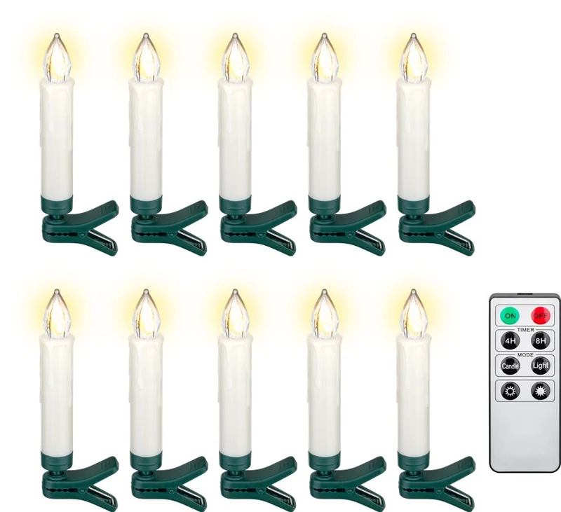 Goobay 10 kabellose LED-Weihnachtsbaumkerzen - mit Klemmen und IR-Fernbedienung für Timer, Leuchtmodi & Dimmer