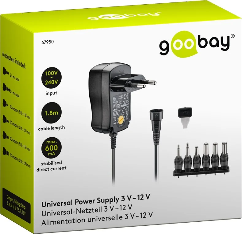Goobay 3 V - 12 V Universal-Netzteil inkl. 6 DC-Adapter - max. 7,2 W und 0,6 A