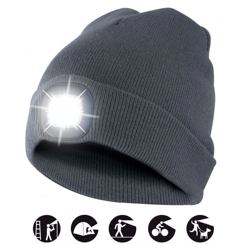 Velamp Mütze mit LED-Frontleuchte, Strickmütze mit LED-Licht ideal zum Joggen, Campen, Arbeiten, Spazieren etc., wiederaufladbar per USB und waschbar, dunkelgrau