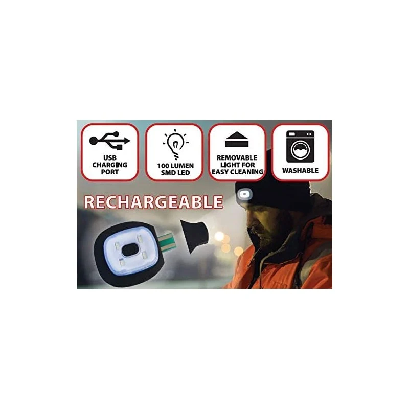 Velamp Mütze mit LED-Frontleuchte, Strickmütze mit LED-Licht ideal zum Joggen, Campen, Arbeiten, Spazieren etc., wiederaufladbar per USB und waschbar, dunkelgrau