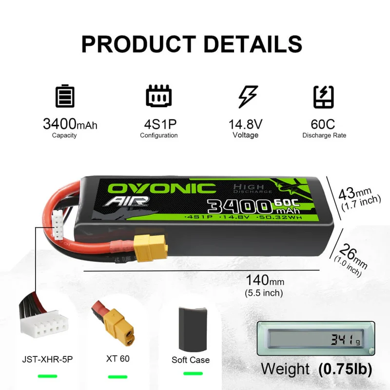 Ovonic Air 4S LiPo Akku 3400mAh 14,8V 60C für RC-Flugzeuge mit XT60 und Deans-Stecker