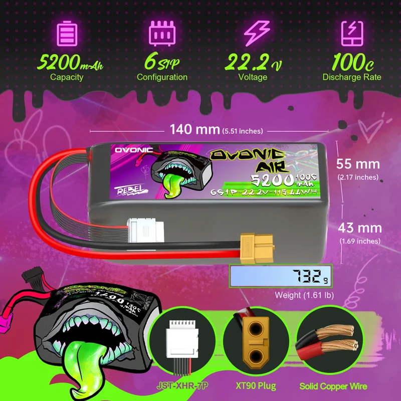 Ovonic Rebel 2.0 6S LiPo Akku 5200mAh 22,2V 6S 100C LiPo mit XT90- und AS150-Stecker