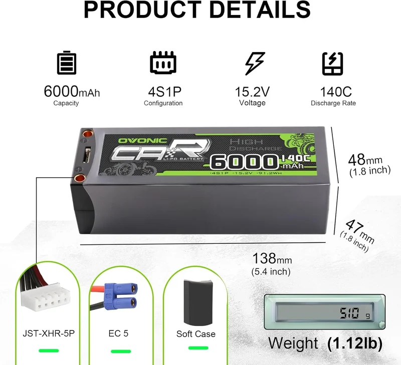 Ovonic Car 4S Lipo Akku 6000mAh 140C 15,2V RC Lipo Akku mit EC5 Stecker (2 Stück)