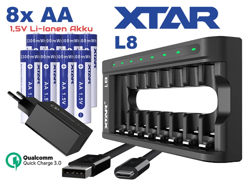 Xtar L8 – Ladegerät + 8x AA (Mignon) LR6 1,5V Li-Ion Akkus zzgl. USB QC3.0 Netzteil