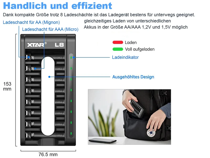 Xtar L8 – Ladegerät + 8x AA (Mignon) LR6 1,5V Li-Ion Akkus zzgl. USB QC3.0 Netzteil
