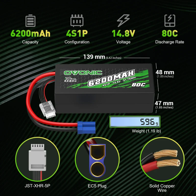 Ovonic Rebel 4S 6200mAh Lipo Akku 80C 14,8V RC Lipo Akku mit EC5 Stecker (2 Stück)