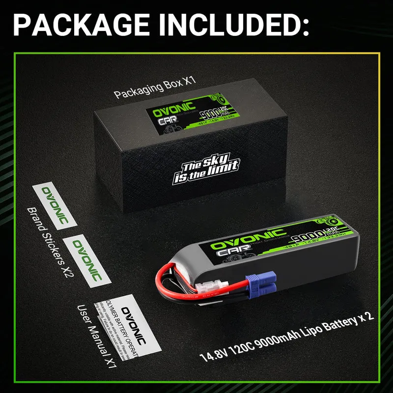 Ovonic Car 4S 9000mAh Lipo Akku 120C 14,8V RC Lipo Akku mit EC5 Stecker (2 Stück)