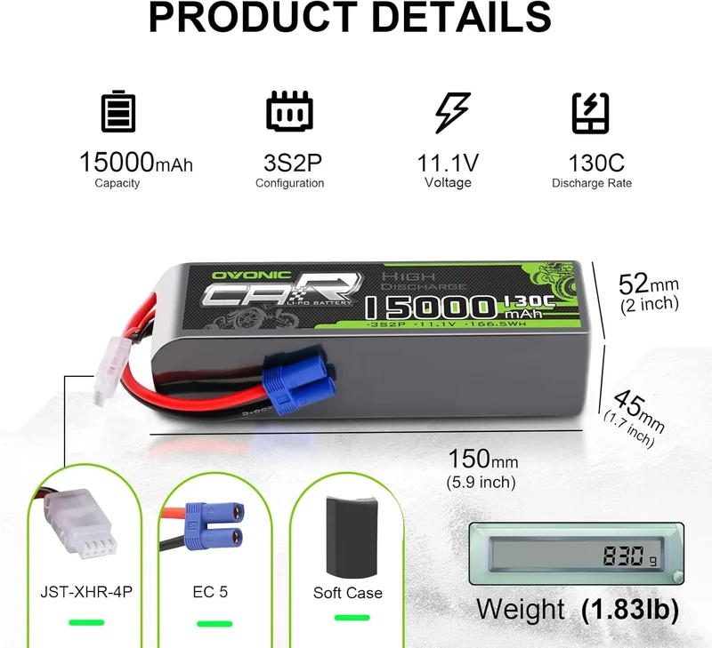 Ovonic Car 3S 15000mAh Lipo Akku 130C 11,1V RC Lipo Akku mit EC5 Stecker (2 Stück)