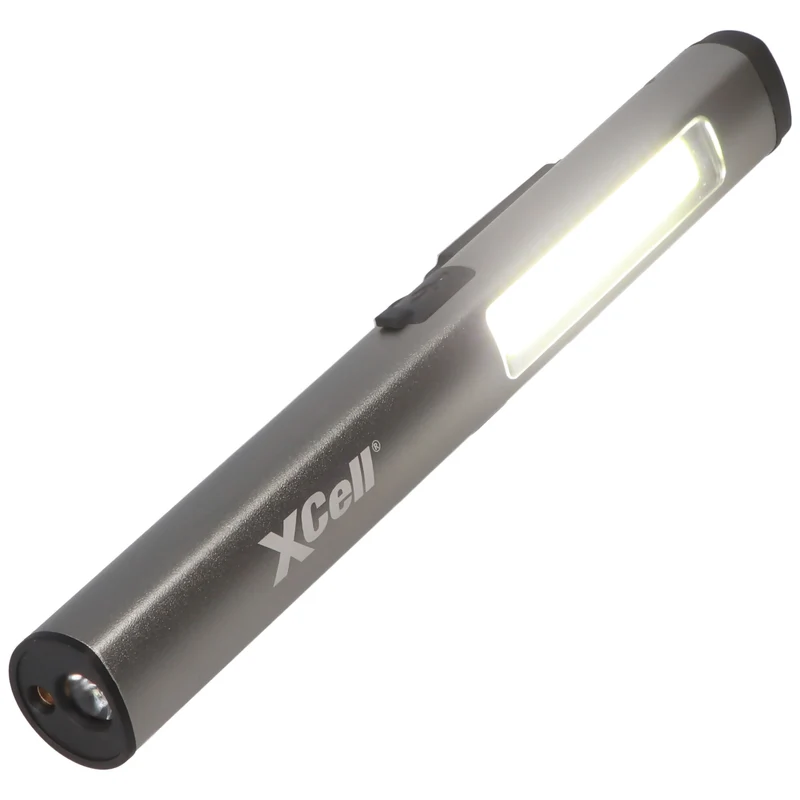 Xcell LED Taschenlampe mit zusätzlichem UV- und Laserlicht sowie seitlicher LED-Lichtleiste, magnetischer Clip, integrierter Akku sowie USB-C Ladefunktion