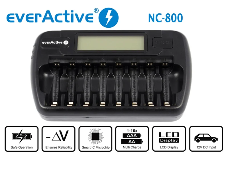 Everactive NC-800 NIMH-/NiCd Ladegerät mit LCD-Display für 1-8 AA/AAA Akkus