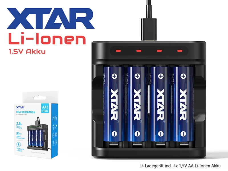 Xtar L4 – Ladegerät, incl. 4x AA (Mignon) LR6 1,5V Li-Ion Akkus mit Akku-Wechselanzeige