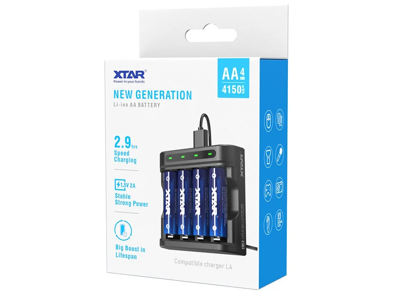 Xtar L4 – Ladegerät, incl. 4x AA (Mignon) LR6 1,5V Li-Ion Akkus mit Akku-Wechselanzeige