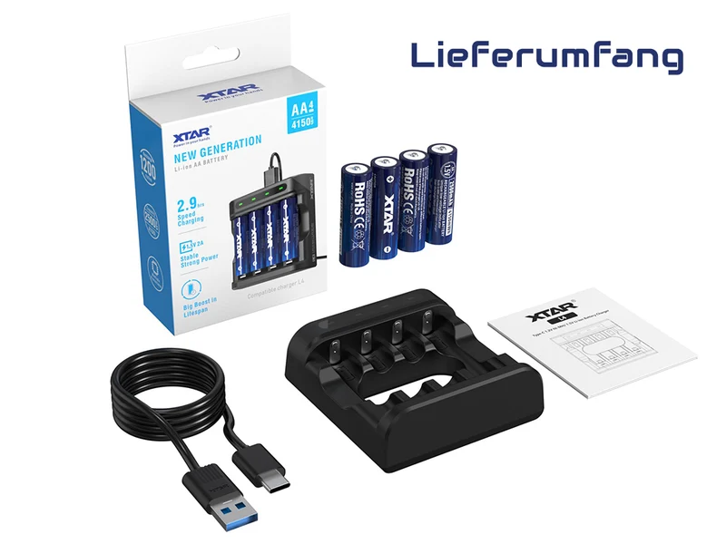 Xtar L4 – Ladegerät, incl. 4x AA (Mignon) LR6 1,5V Li-Ion Akkus mit Akku-Wechselanzeige